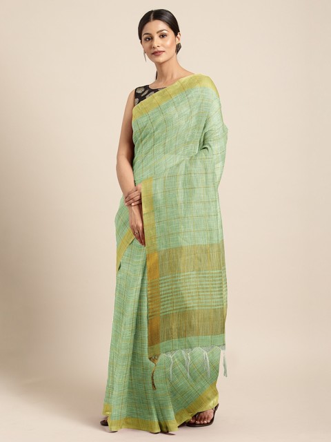 

The Chennai Silks Green & Golden Linen Blend Checked Maheshwari Saree