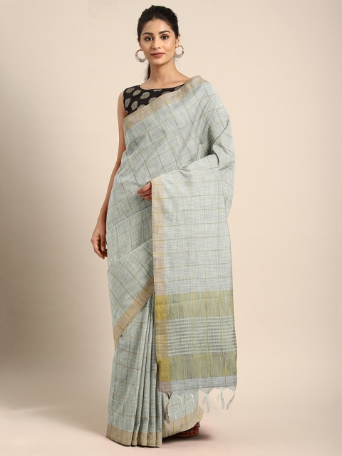 

The Chennai Silks Classicate Off-White & Gold-Toned Linen Blend Checked Maheshwari Saree