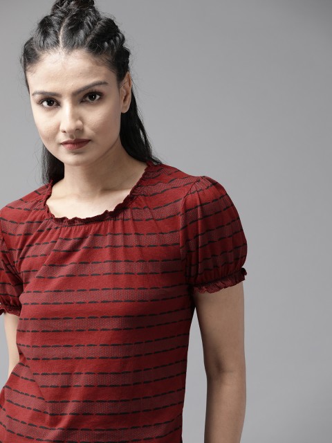 

Roadster Women Red & Black Pure Striped Regular Pure Cotton Top