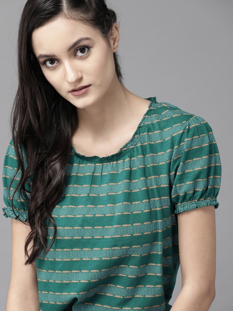 

Roadster Women Green & Yellow Printed Pure Pure Cotton Top