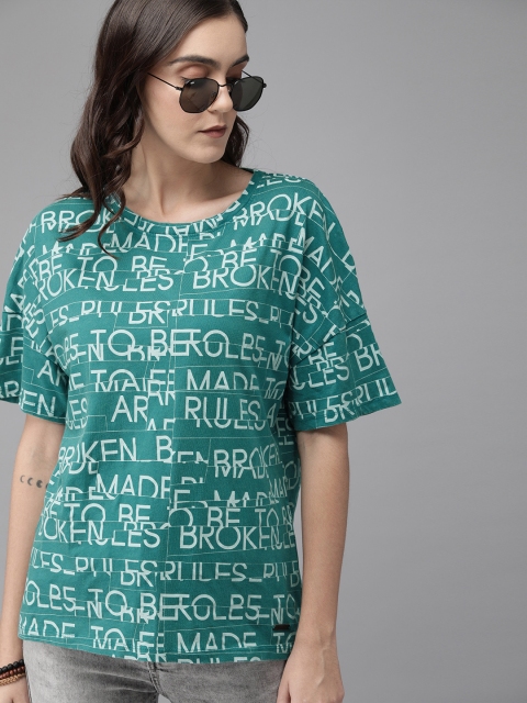 

Roadster Women Turquoise Blue Printed Round Neck T-shirt