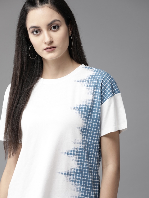 

Roadster Women White & Blue Printed Pure Cotton Round Neck T-shirt