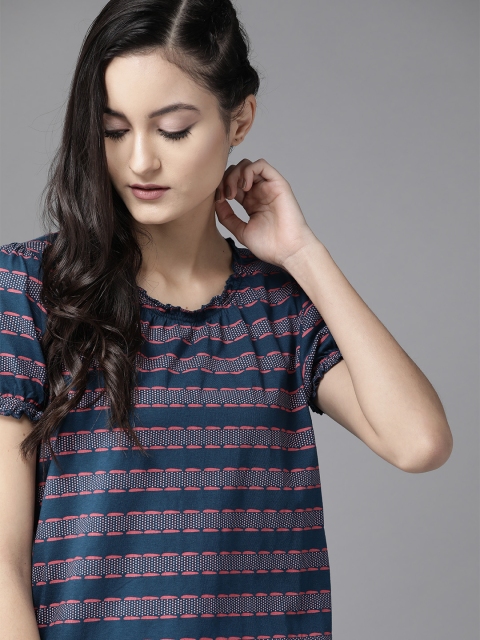 

Roadster Women Teal Blue & Pink Printed Pure Cotton Top