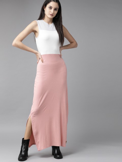 

Roadster Women Pink & White Ribbed Colourblocked Maxi Dress
