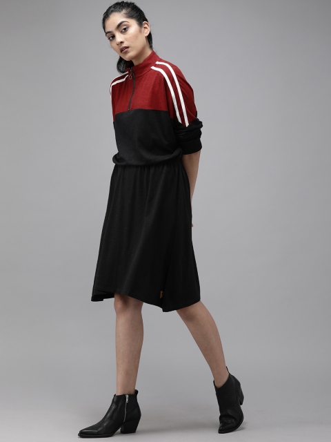 

Roadster Women Black & Maroon Colourblocked A-line Dress