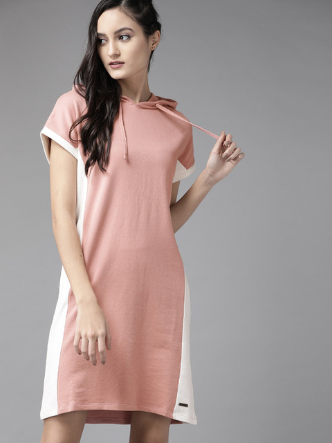 

Roadster Women Peach-Coloured Cotton Colourblocked Hooded T-shirt Dress