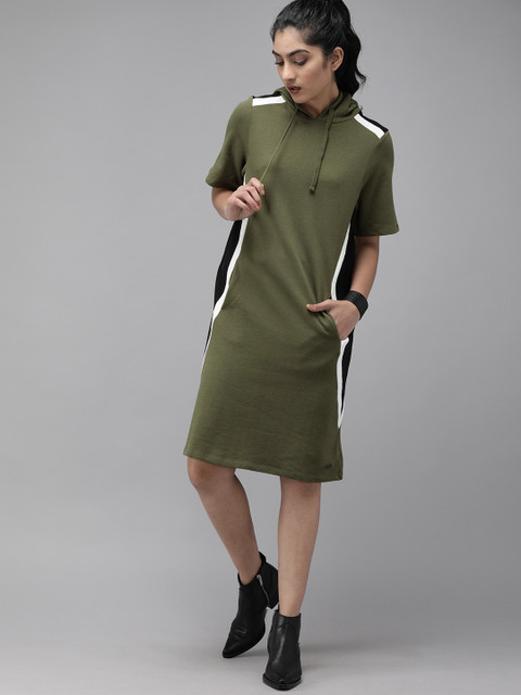 

Roadster Women Olive Green Colourblocked T-shirt Dress