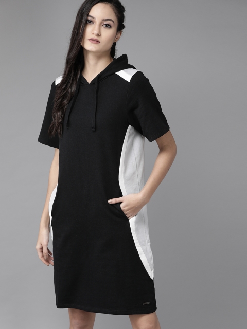 

Roadster Women Black & White Cotton Colourblocked Hooded T-shirt Dress