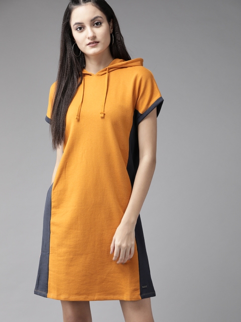 

Roadster Women Mustard Yellow & Navy Blue Colourblocked Hooded Jumper Dress