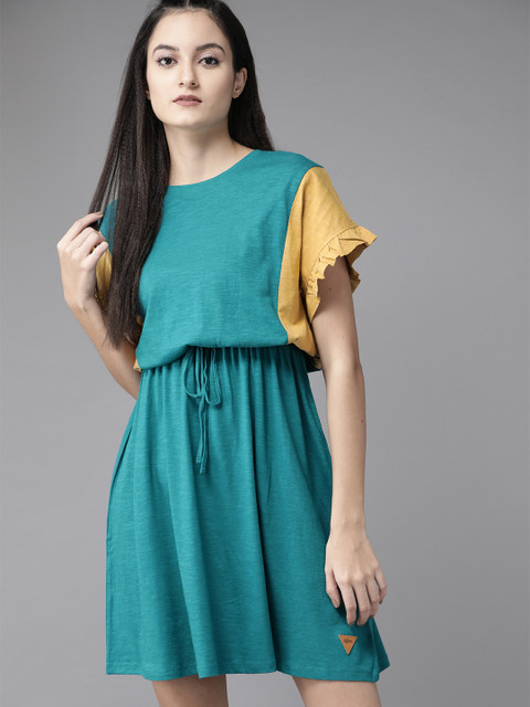 

Roadster Women Teal Blue Solid Blouson Dress