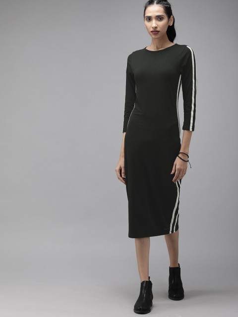 

Roadster Women Black Solid T-shirt Dress with Side Stripe Detail