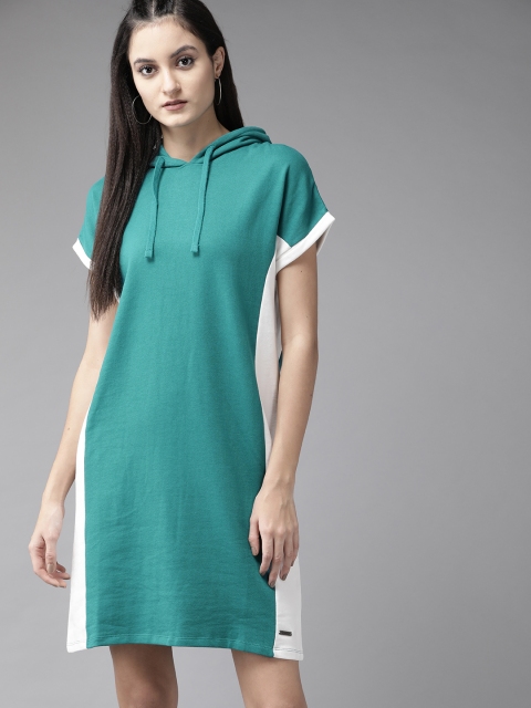 

Roadster Women Teal Blue & White Colourblocked Hooded Jumper Dress