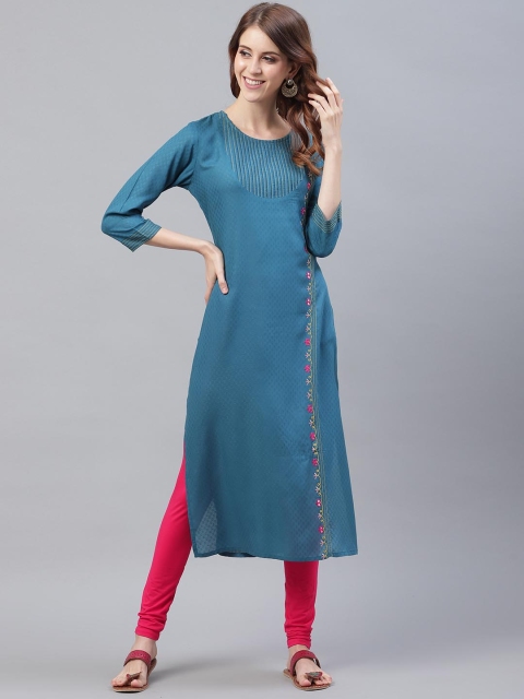 

Azira Women Teal Blue Dobby Woven Design Straight Kurta