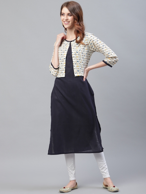 

Azira Women Navy Blue & White Solid Straight Kurta with Ethnic Jacket