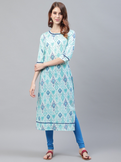 

Azira Women White & Blue Jacquard Printed Straight Kurta