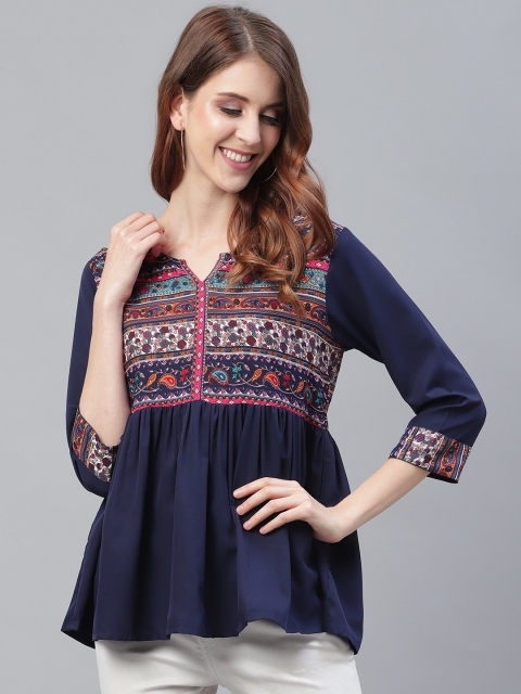 

Azira Women Navy Blue & Pink Printed A-Line Top