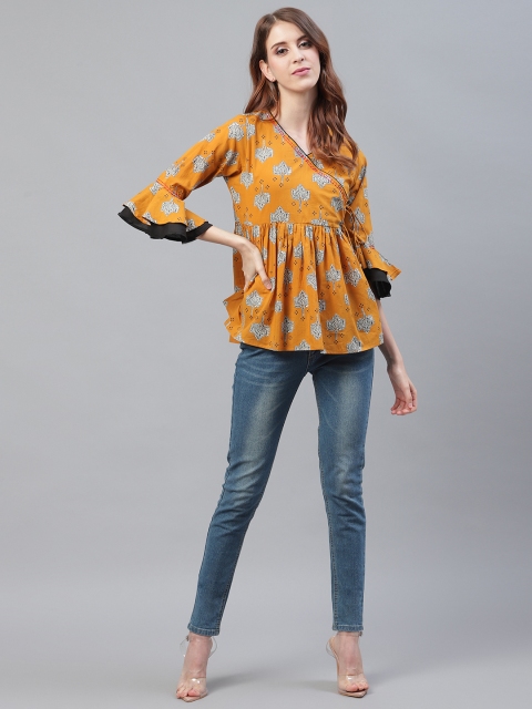 

Azira Women Mustard Yellow & Beige Printed Wrap Pure Cotton Top