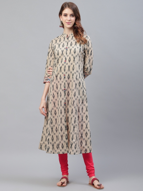 

Azira Women Beige & Black Ikat Print A-Line Kurta