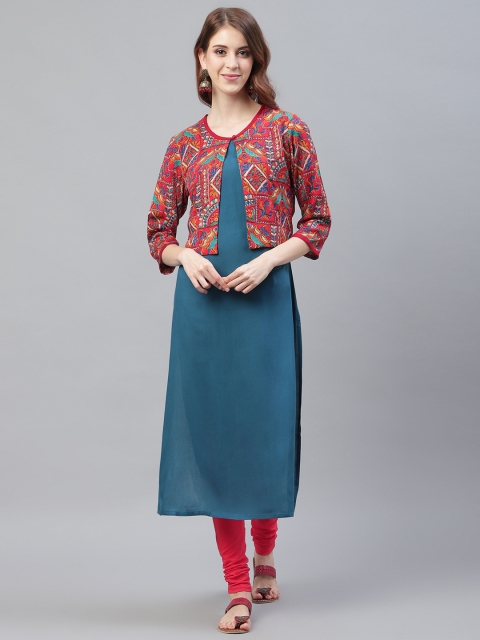 

Azira Women Teal Blue & Red Solid Straight Kurta With Ethnic Jacket