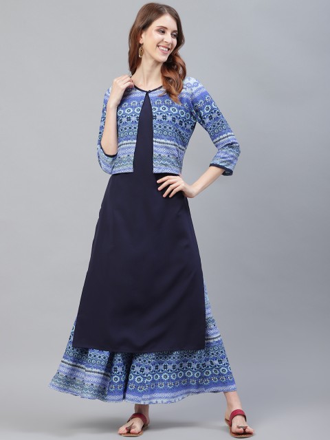 

Azira Women Blue & White Solid Kurta with Palazzos & Ethnic Jacket