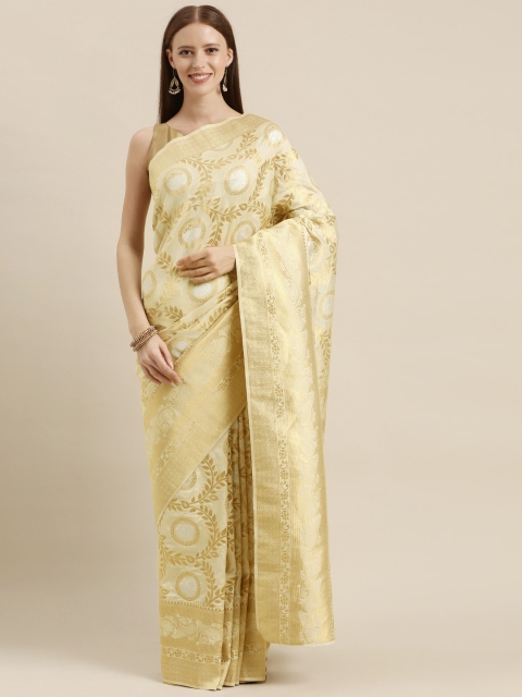 

MIMOSA Cream-Coloured & Gold-Toned Art Silk Woven Design Kasavu Saree