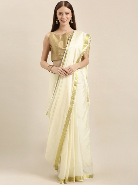 

MIMOSA Cream-Coloured & Gold-Toned Poly Crepe Solid Kasavu Saree