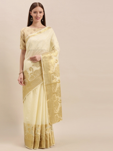 

MIMOSA Cream-Coloured & Golden Linen Blend Solid Kasavu Saree