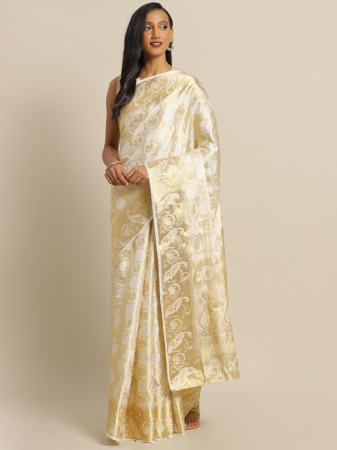 

MIMOSA Cream-Coloured & Gold-Toned Art Silk Woven Design Kasavu Saree