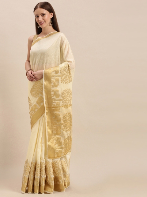 

MIMOSA Cream-Coloured & Gold-Toned Linen Blend Solid Kasavu Saree