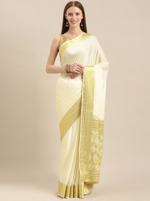 

MIMOSA Cream-Coloured Poly Crepe Woven Design Kasavu Saree