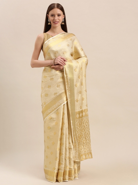 

MIMOSA Cream-Coloured & Gold-Toned Art Silk Woven Design Kasavu Saree