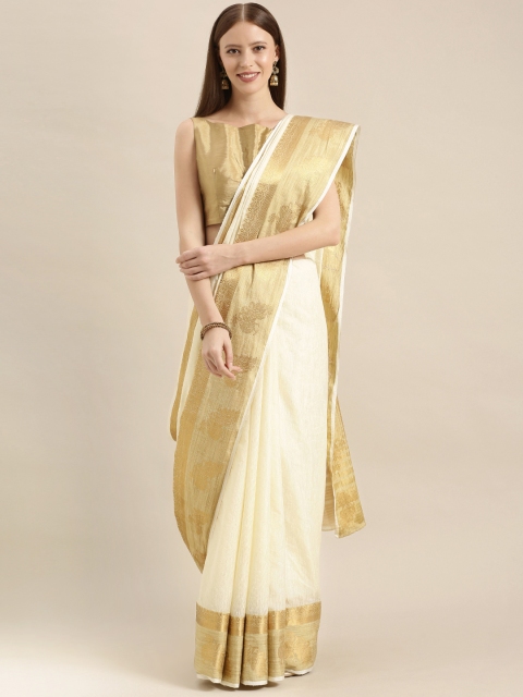 

MIMOSA White & Gold-Toned Linen Blend Solid Kasavu Saree