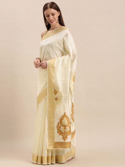 

MIMOSA Cream-Coloured & Gold-Toned Art Silk Self-Striped Kasavu Saree