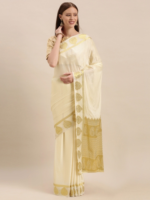 

MIMOSA Cream-Coloured Poly Crepe Woven Design Kasavu Saree