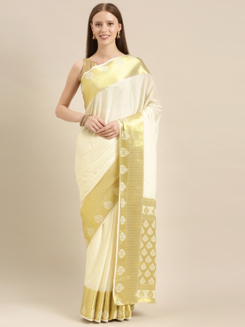 

MIMOSA Cream-Coloured Poly Crepe Woven Design Kasavu Saree