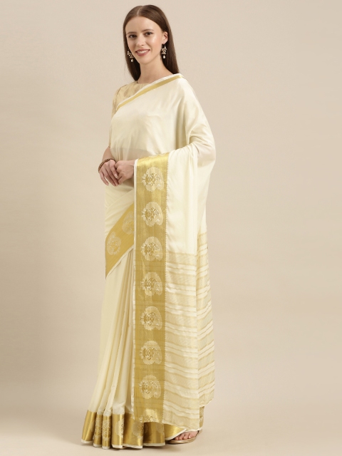 

MIMOSA Cream-Coloured & Gold-Toned Poly Crepe Solid Kasavu Saree