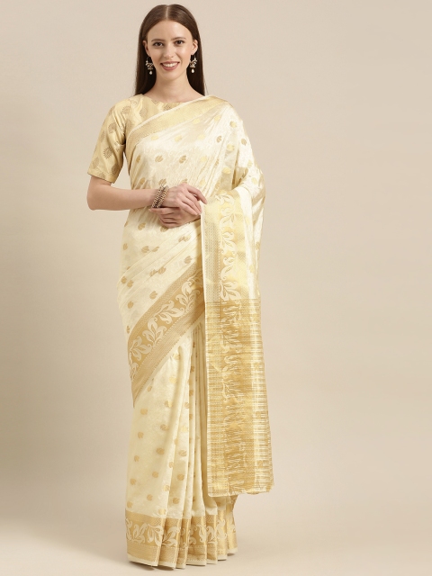 

MIMOSA Cream-Coloured & Gold-Toned Art Silk Woven Design Kasavu Saree