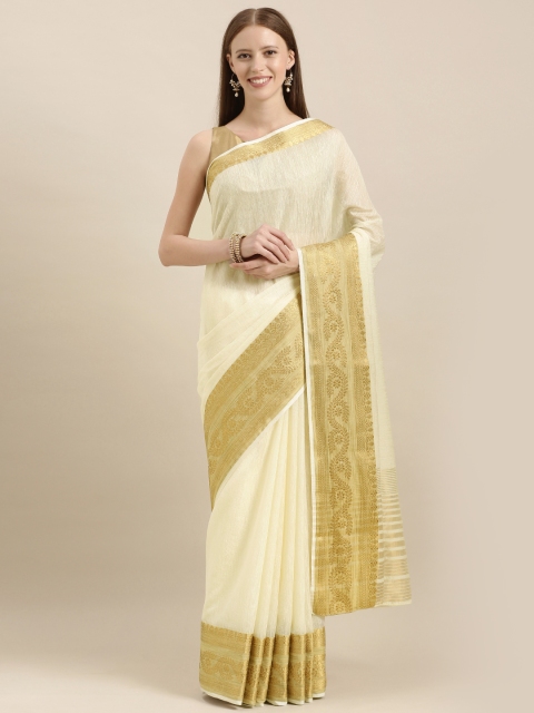 

MIMOSA Cream-Coloured & Gold-Toned Linen Blend Solid Kasavu Saree