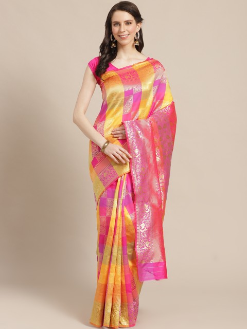 

KALINI Pink & Yellow Zari Ethnic Checked Saree