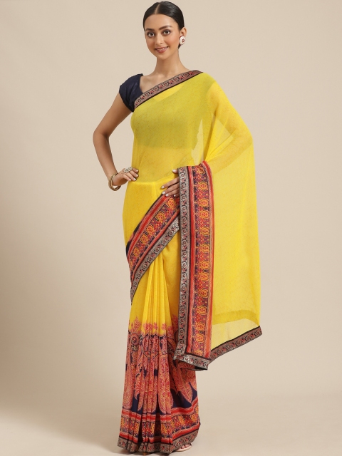 

Mitera Yellow & Orange Paisley Printed Saree