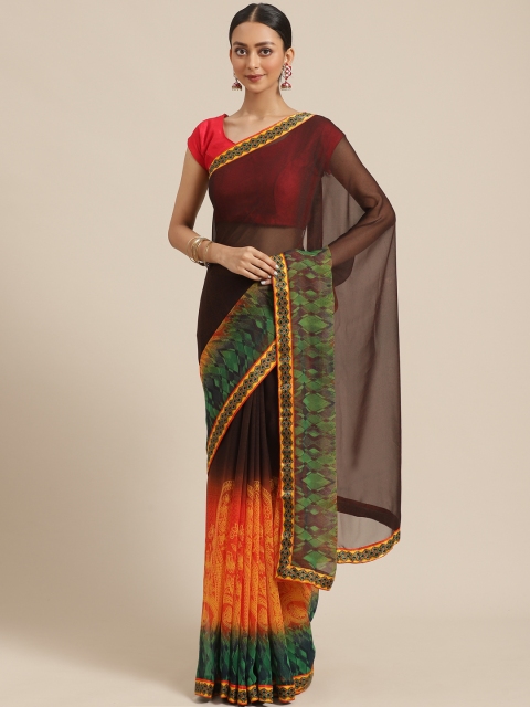 

KALINI Coffee Brown & Orange Paisley Printed Saree