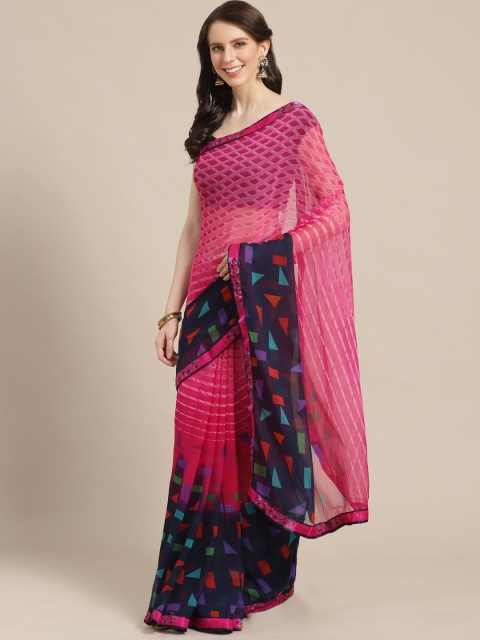 

KALINI Pink & Navy Geometric Printed Saree