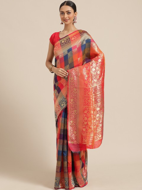 

KALINI Orange & Blue Zari Ethnic Checked Saree