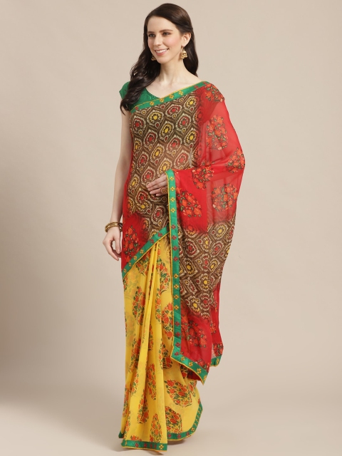 

KALINI Yellow & Red Half & Half Printed Saree