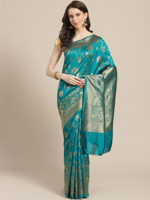 

KALINI Teal Green & Golden Zari Woven Design Saree, Turquoise blue