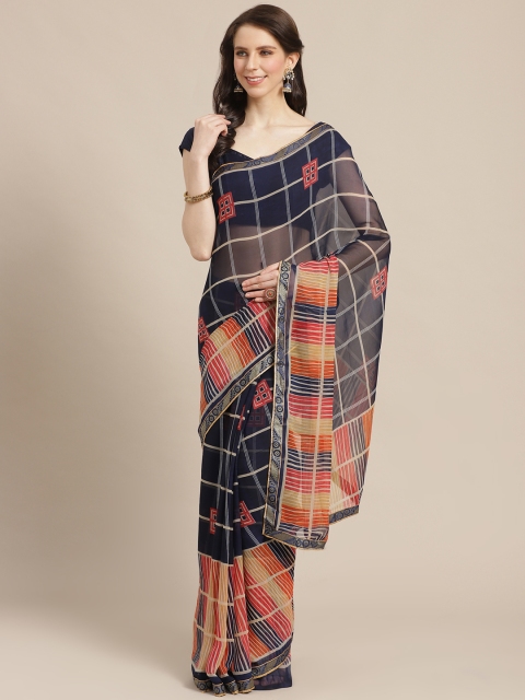 

KALINI Navy Blue & Beige Checked Saree