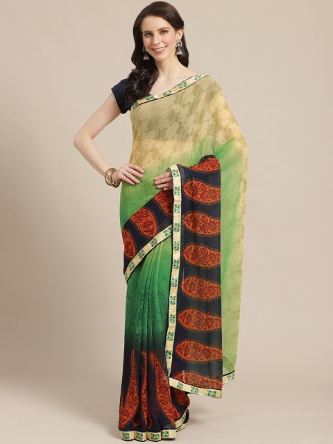 

KALINI Green & Beige Paisley Printed Saree