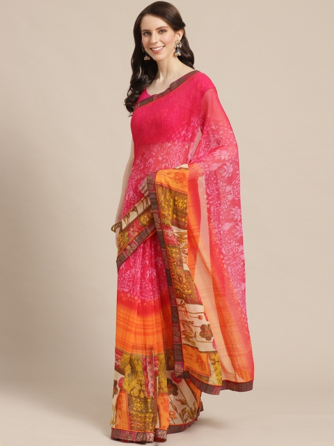 

KALINI Pink & Orange Floral Printed Saree