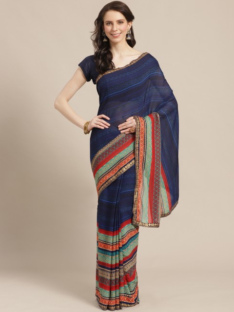 

KALINI Navy Blue & Green Printed Saree