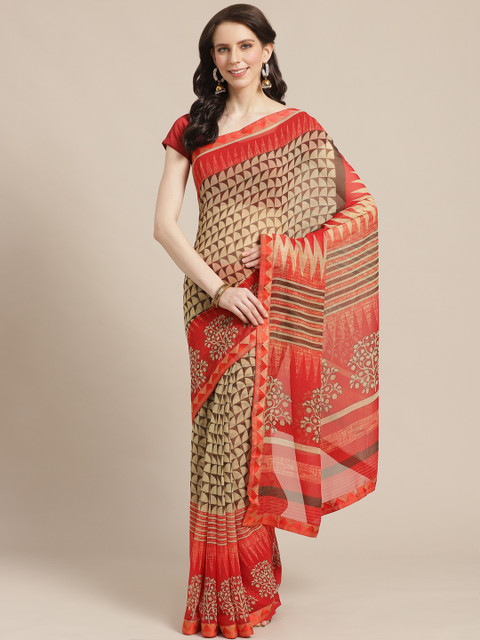 

KALINI Beige & Red Printed Saree